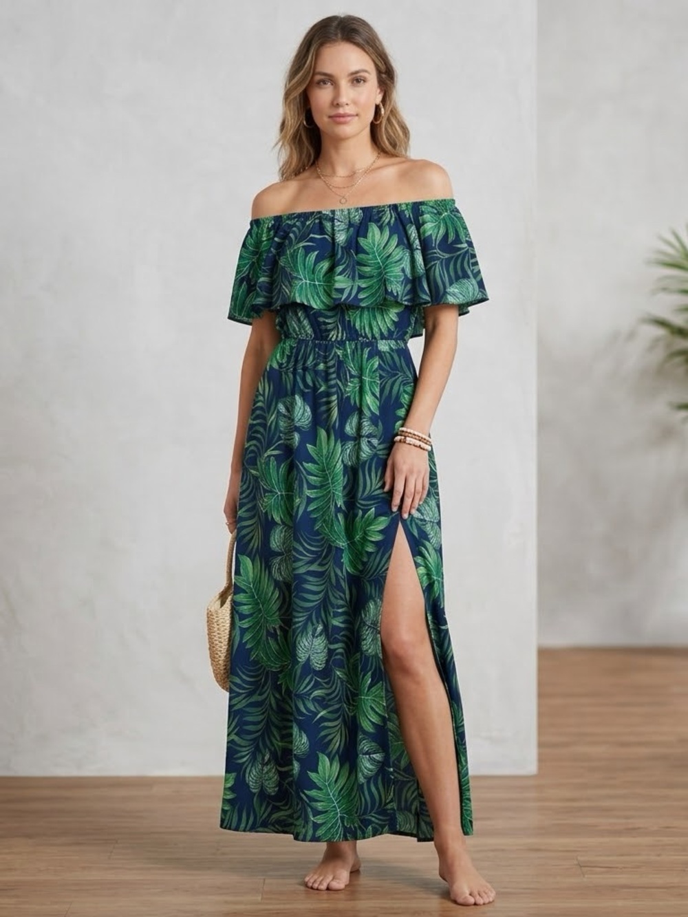 Cupshe Tropical Palm Off Shoulder Maxi Dress Black Green Ruffle